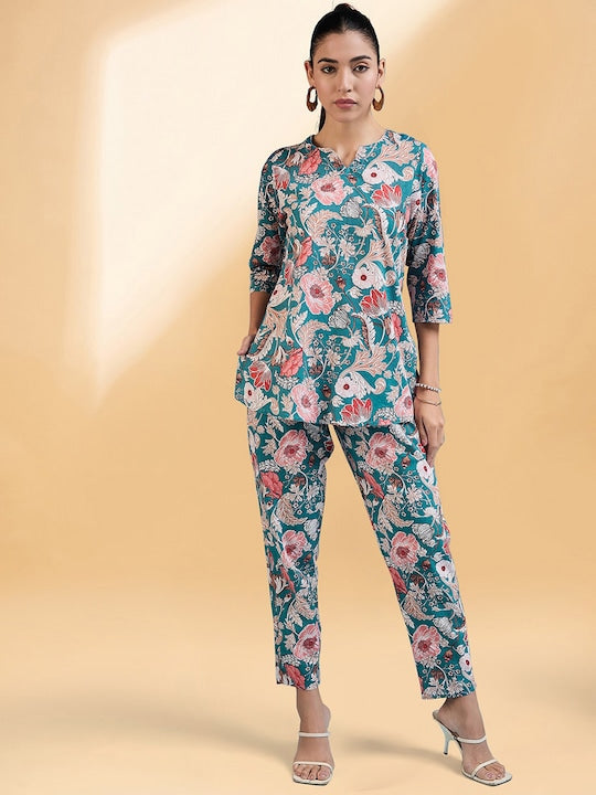 All about you Teal Blue Floral Printed Tunic With Trouser