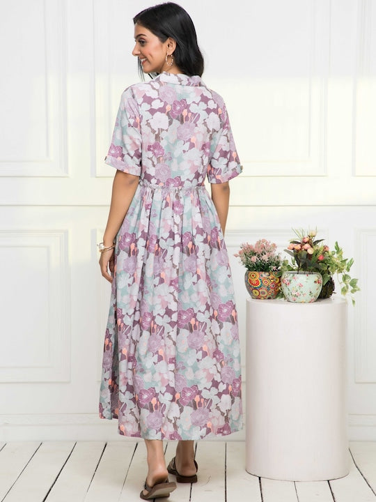 Myshka Floral Printed Lapel Collar Midi Fit & Flare Dress
