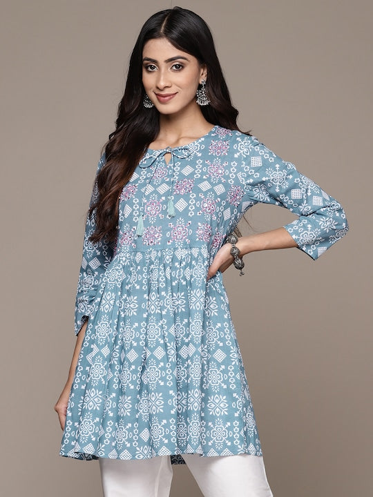 Anubhutee Geometric Printed Tie Up Neck Pure Cotton Sequinned Pleated Kurti
