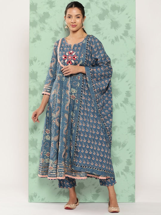 Yufta Ethnic Motifs Printed Thread Work Detail Cotton A-Line Kurta with Trousers & Dupatta - 3XL