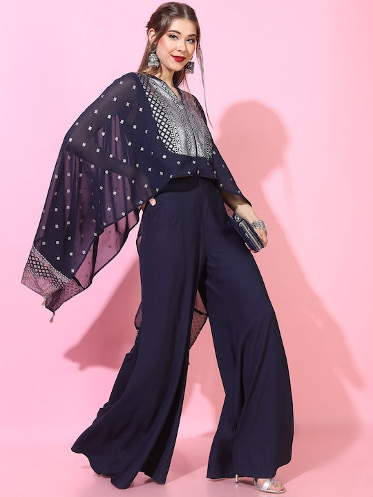 Vishudh Women Navy Blue Printed Top with Palazzo - XXL