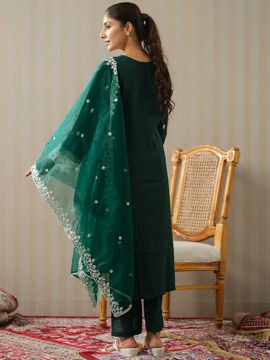 House of Pataudi Ethnic Motifs Embroidered Straight Kurta With Trouser & Dupatta Set