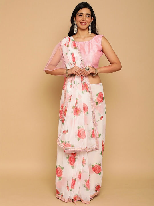Satrani Floral Sequinned Fusion Saree