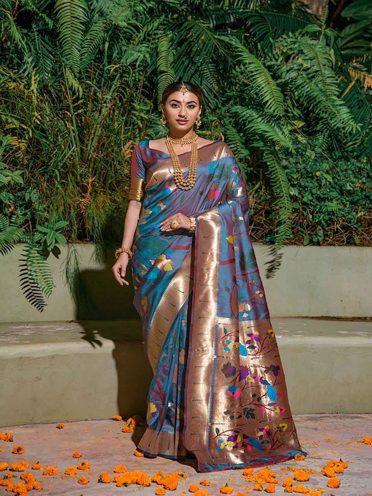Mitera Blue & Gold-Toned Floral Woven Design Zari Saree