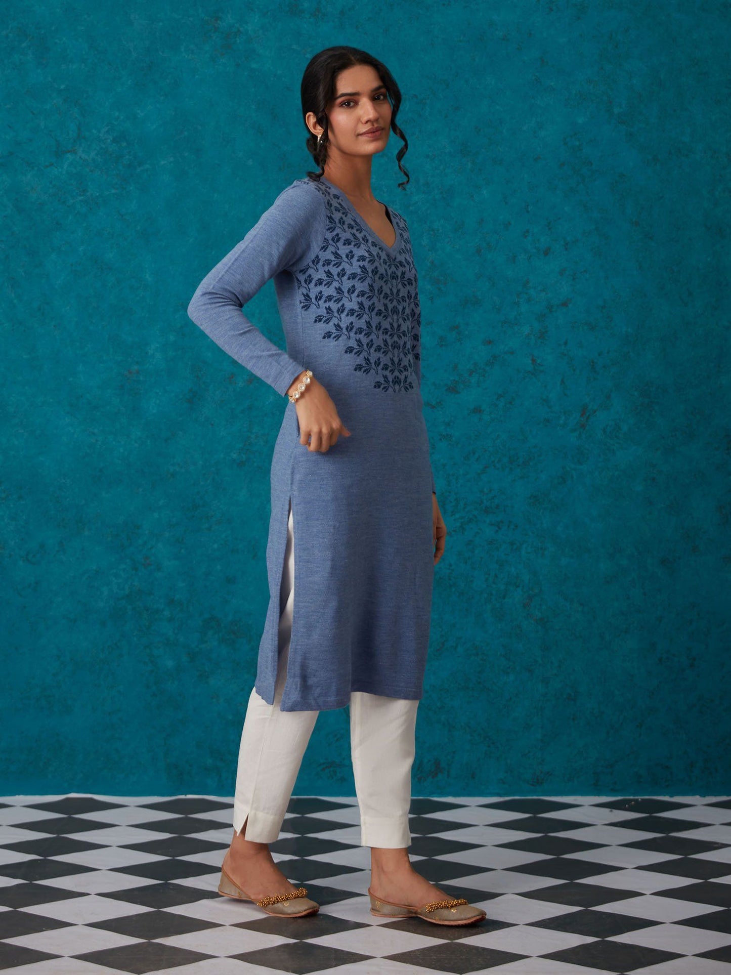Likha Blue Woollen Acrylic Jacquard Winter Kurta LIKKUR152 - M