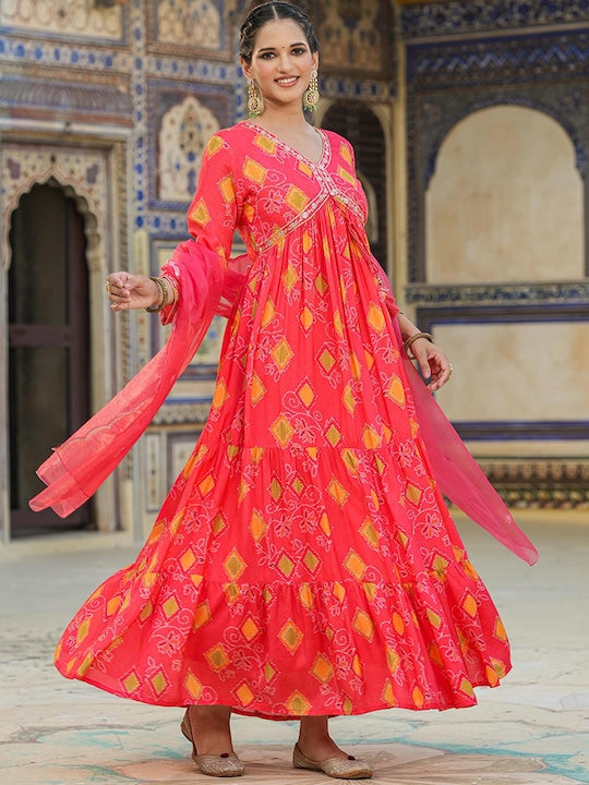 Scakhi Bandhani Printed Gathered Silk Maxi Ethnic Dresses
