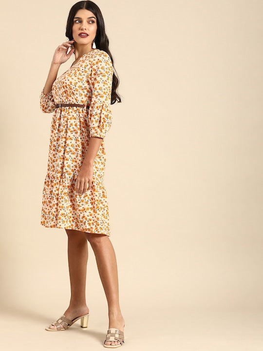 All about you Women White & Mustard Yellow Floral Printed A-Line Dress With A Belt