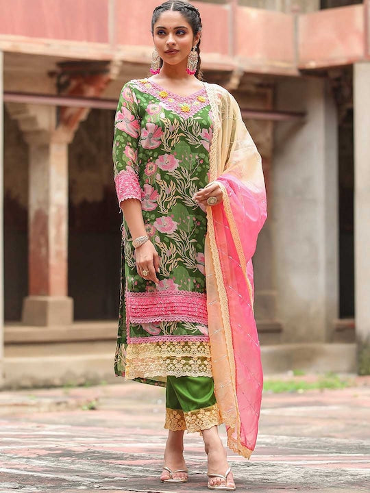 Scakhi Floral Printed Regular Silk Crepe Kurta with Trousers & Dupatta
