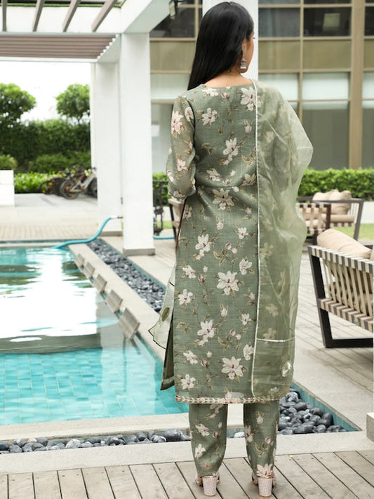 AKS Couture Floral Printed Gotta Patti Straight Kurta With Trousers & Dupatta