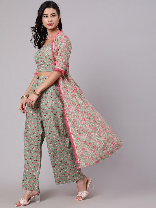 AKS Printed Pure Cotton Crop Top & Palazzos With Jacket