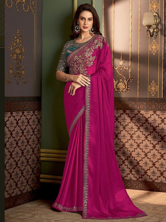 Satrani Floral Embroidered Sequinned Baluchari Saree