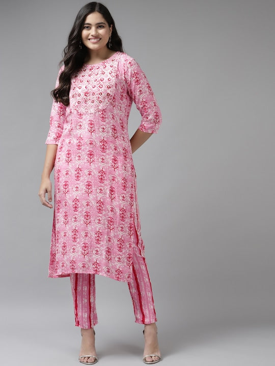 Yufta Women Pink Ethnic Motifs Embroidered Sequinned Kurta with Trousers - L
