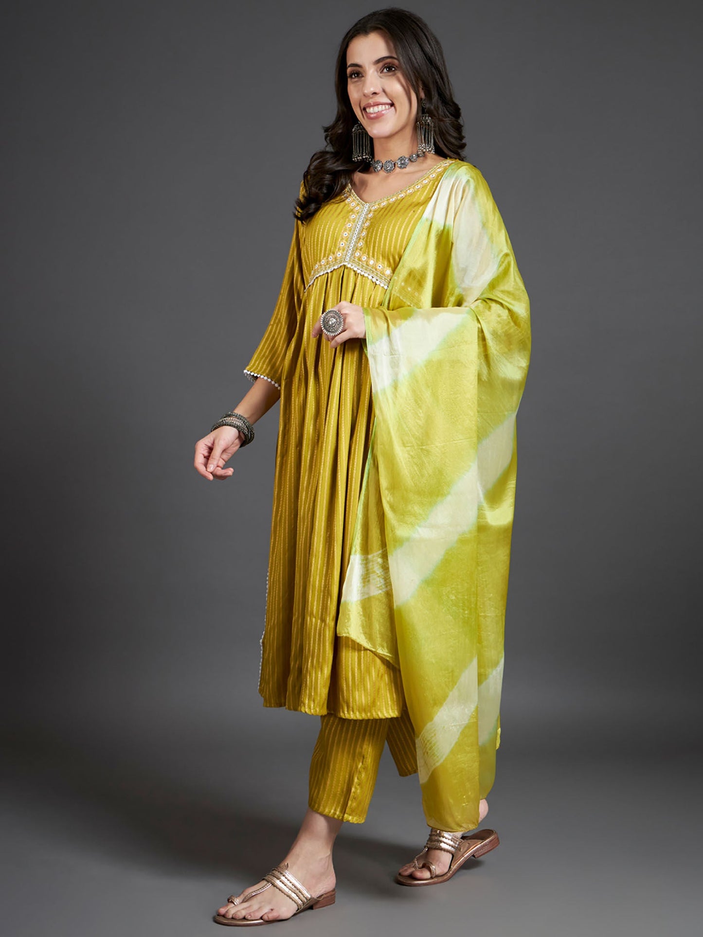 Heeposh Stripe Printed A-Line Kurta with Pant & Dupatta (Set of 3)