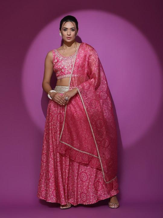 AKS Bandhani Embroidered Sequinned Ready To Wear Lehenga & Blouse With Dupatta