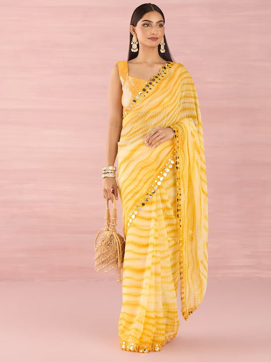 Satrani Yellow Striped Printed Mirror Work Leheriya Saree