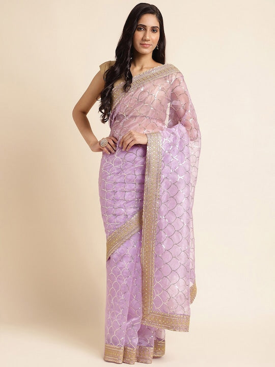 Fabmora Geometric Embellished Sequinned Organza Saree