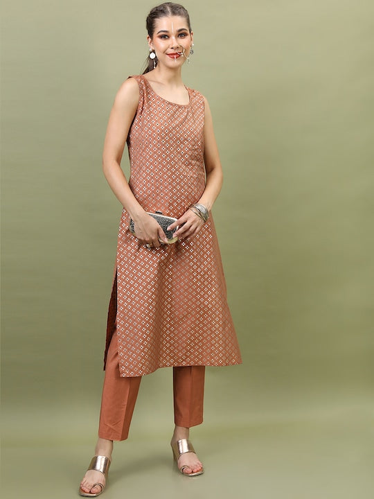 Vishudh Women Brown Floral Printed A-Line Kurta with Trouser and Teal Blue Jacket