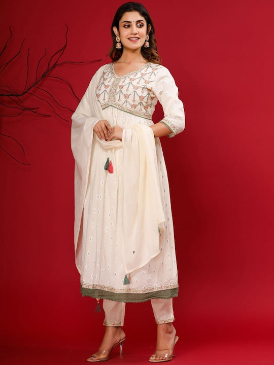 Readiprint Fashions Floral Embroidered Pure Cotton Kurta With Trousers & Dupatta