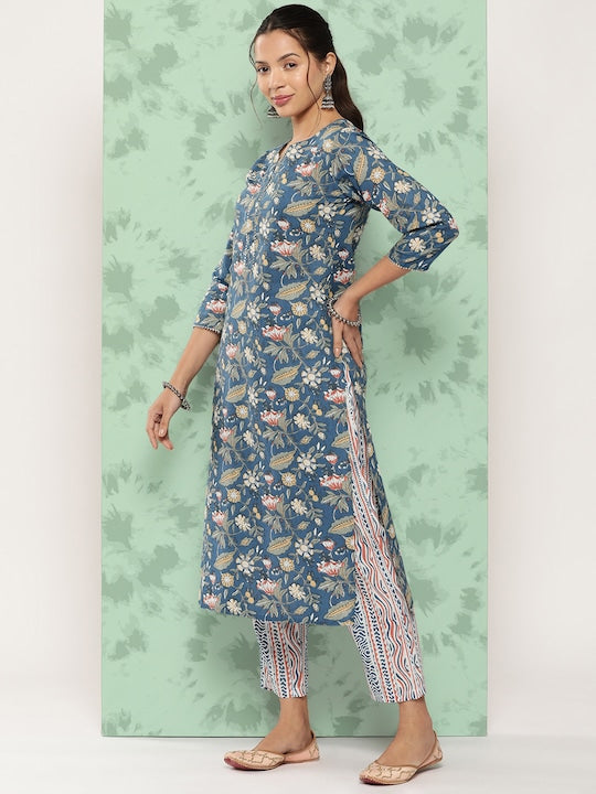Yufta Ethnic Motifs Printed Gotta Patti Detail Cotton Kurta with Trousers & Dupatta