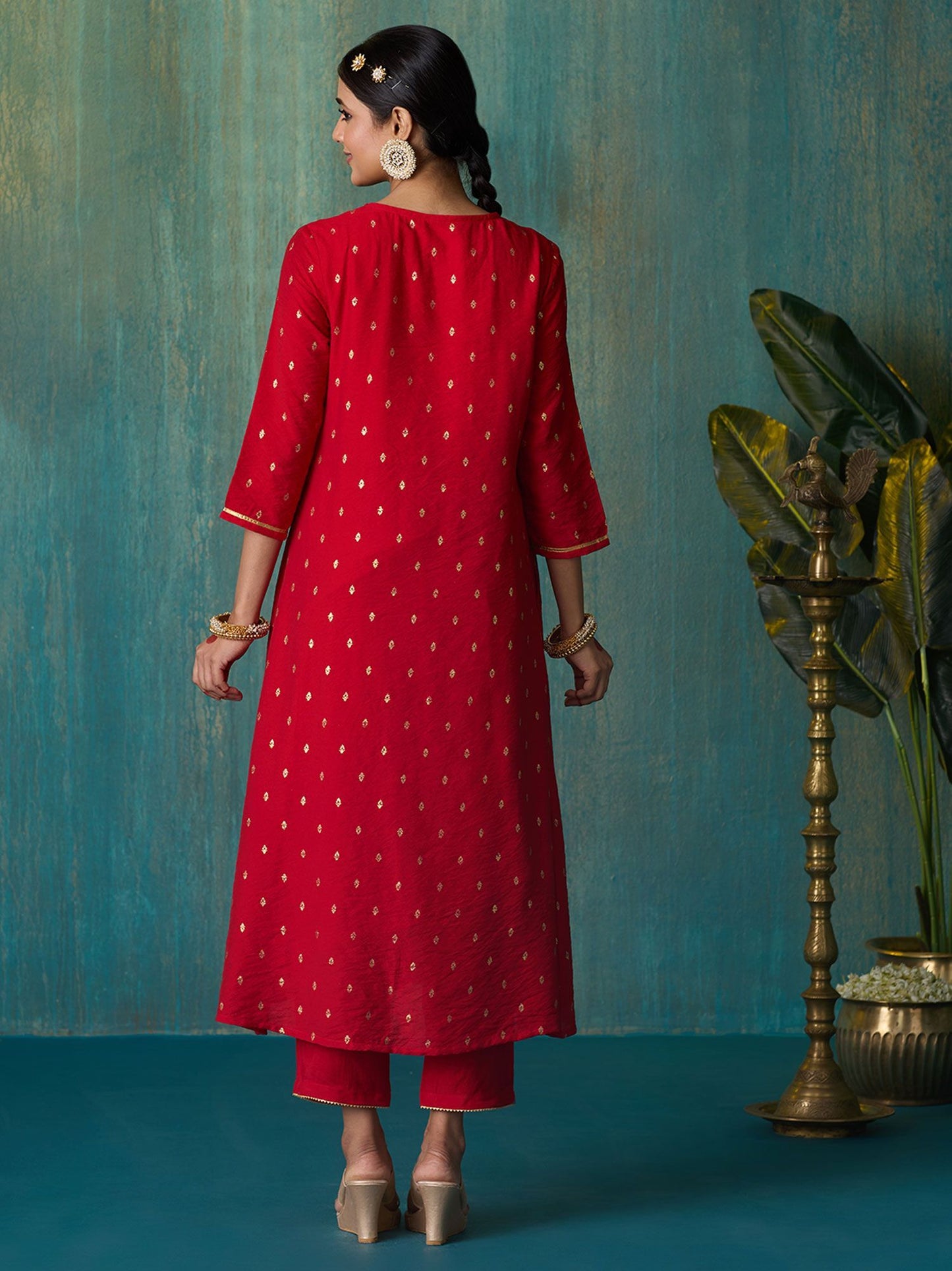 Likha Red Tyohar Golden Foil Printed Kurta Pant & Dupatta LIKSKD274 (Set of 3)