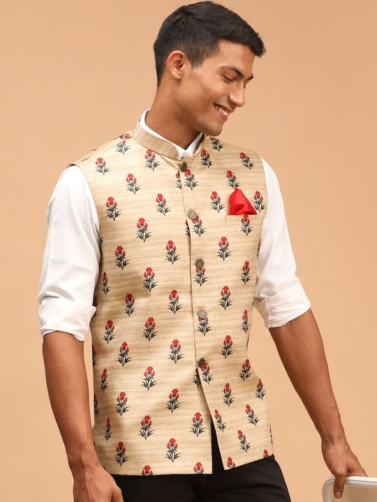 Vastramay Men Beige Printed Nehru Jacket
