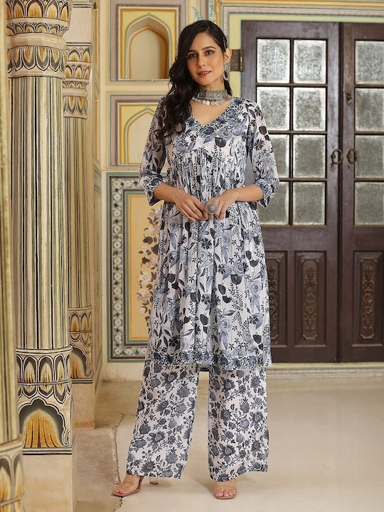 AKS Couture Floral Printed V-Neck Kurta with Palazzos
