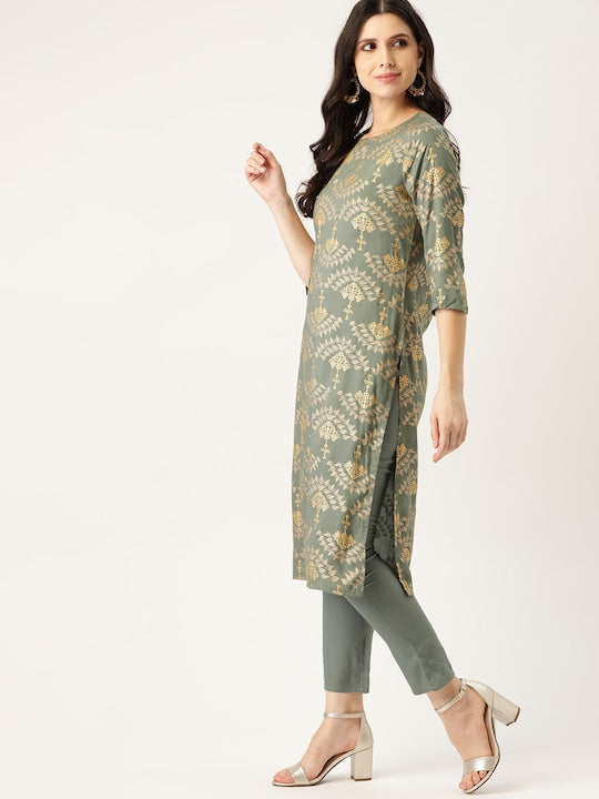All about you Women Grey & Golden Ethnic Motifs Print Kurta with Trousers