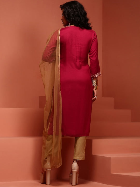 IMARA Ethnic Motifs Yoke Design Thread Work Shantoon Kurta With Trousers & Dupatta