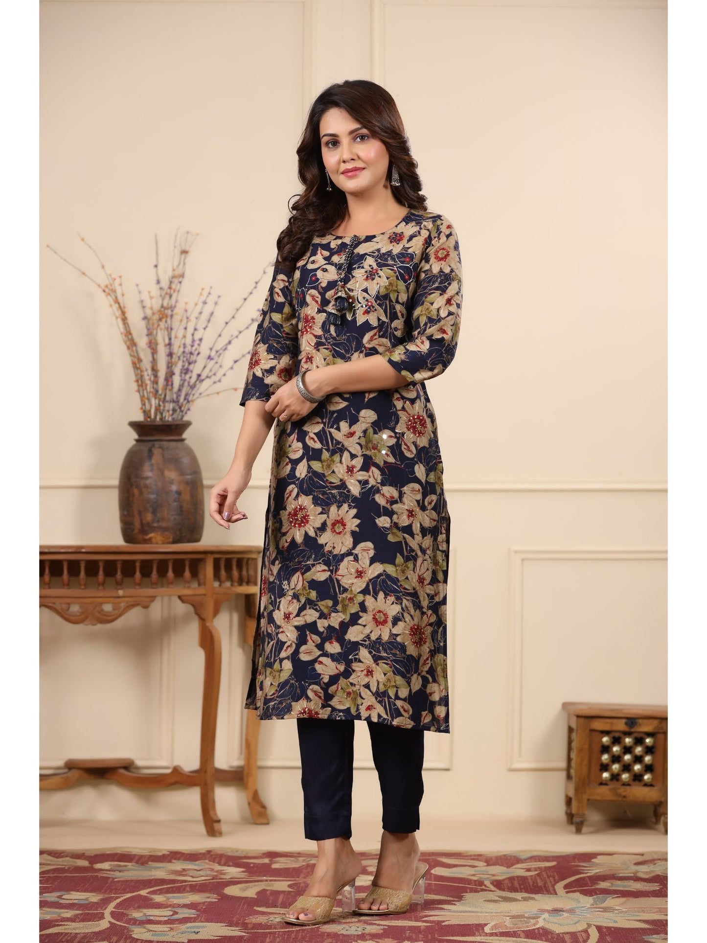 PIROH Women Modal & Shantoon Floral Print Straight Kurta Pant Blue (Set of 2)