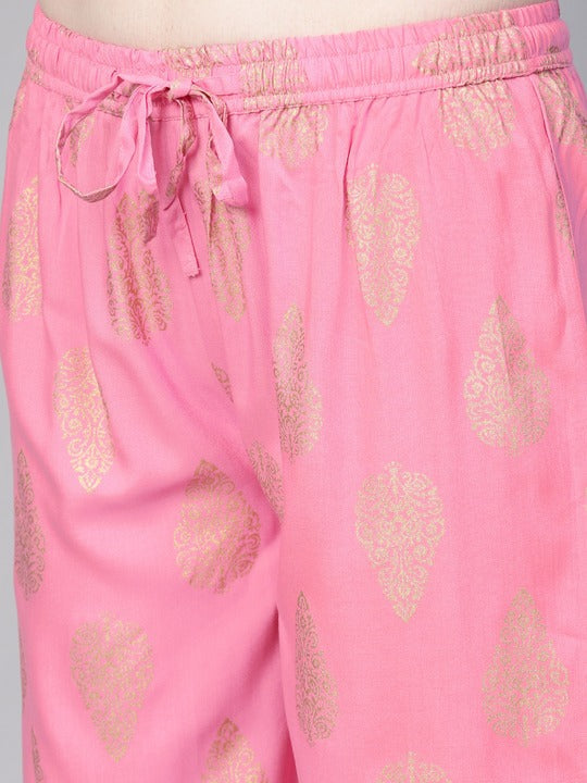 Yufta Women Pink & Golden Printed Kurta with Palazzos