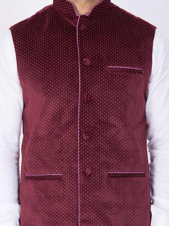 Vastramay Men Maroon Polka Dots Print Velvet Nehru Jacket
