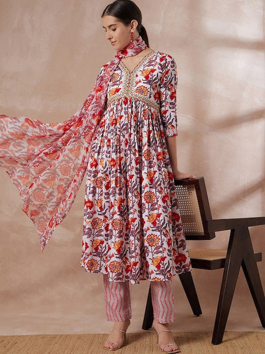 All about you Floral Printed Regular Sequinned Embroidered Kurta With Trousers & Dupatta