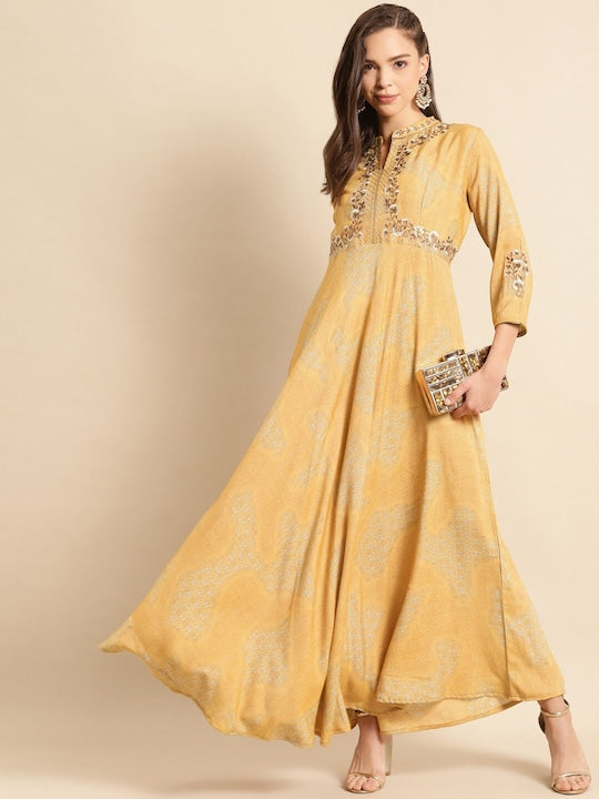 All about you Floral Printed Notch Neck Embroidered Liva Maxi Dress