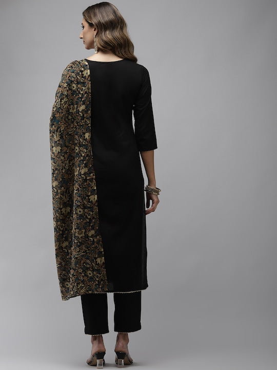 Yufta Women Black Yoke Design Regular Sequinned Pure Cotton Kurta with Trousers & With Dupatta