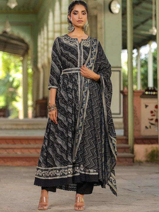 Scakhi Bandhani Printed Thread Work Kurta with Trousers & With Dupatta