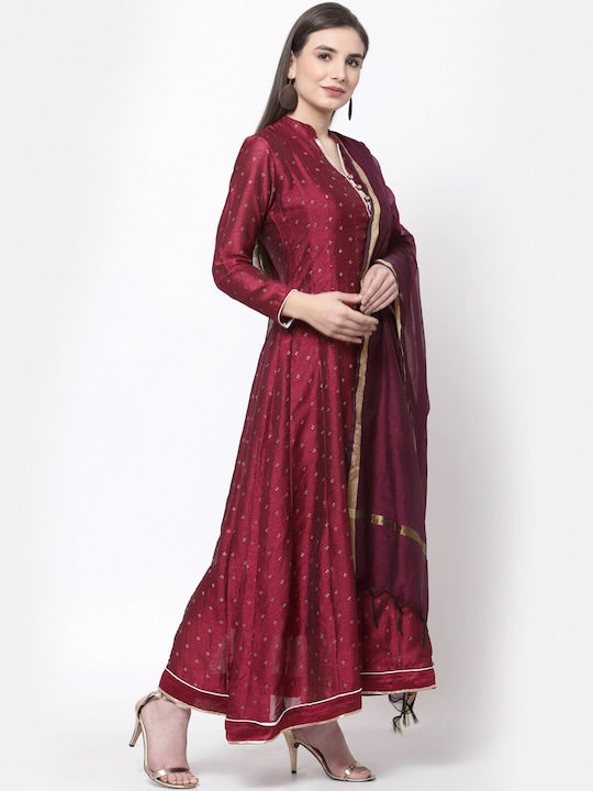 Myshka Women Brown & Gold-Toned Anarkali Kurta With Dupatta