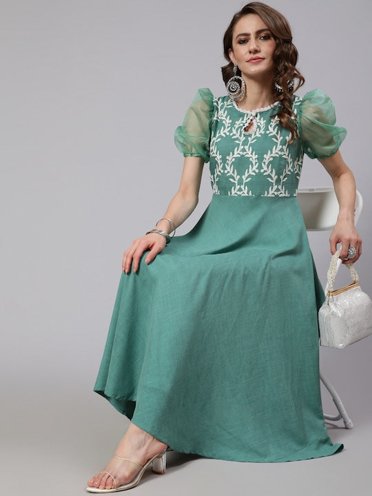 AKS Couture Embroidered Thread Work Detailed Puff Sleeves Anarkali Kurta