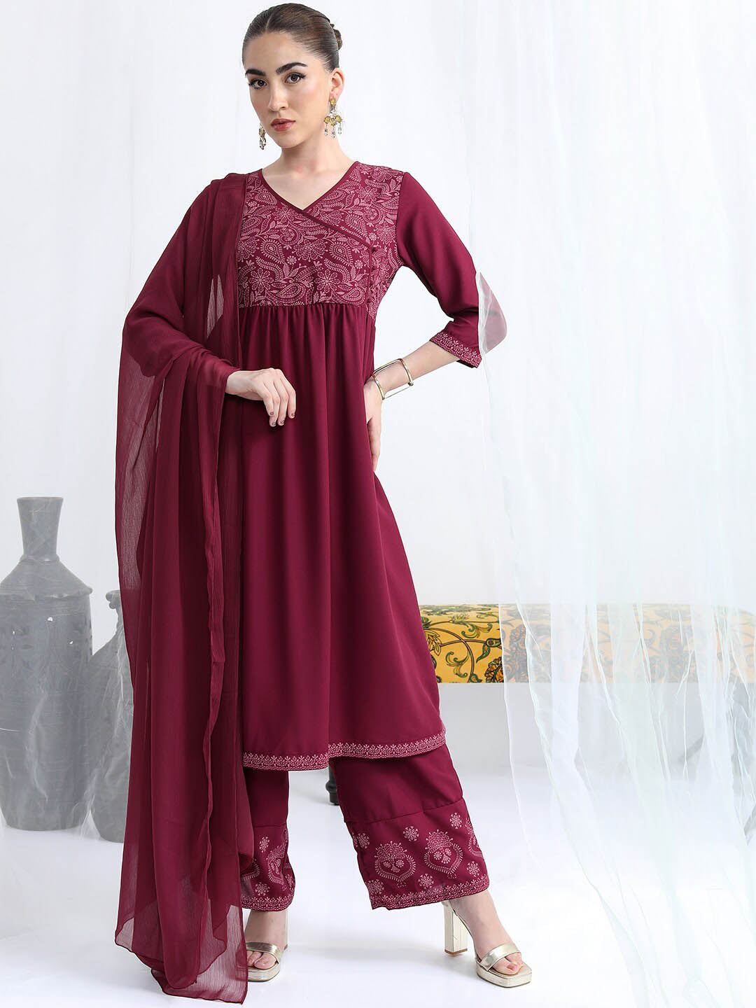 Vishudh Ethnic Motifs Yoke Design Angrakha Kurta With Palazzos & Dupatta