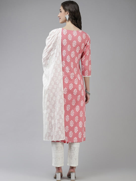 Yufta Women Floral Printed Pure Cotton Kurta with Trousers & Dupatta