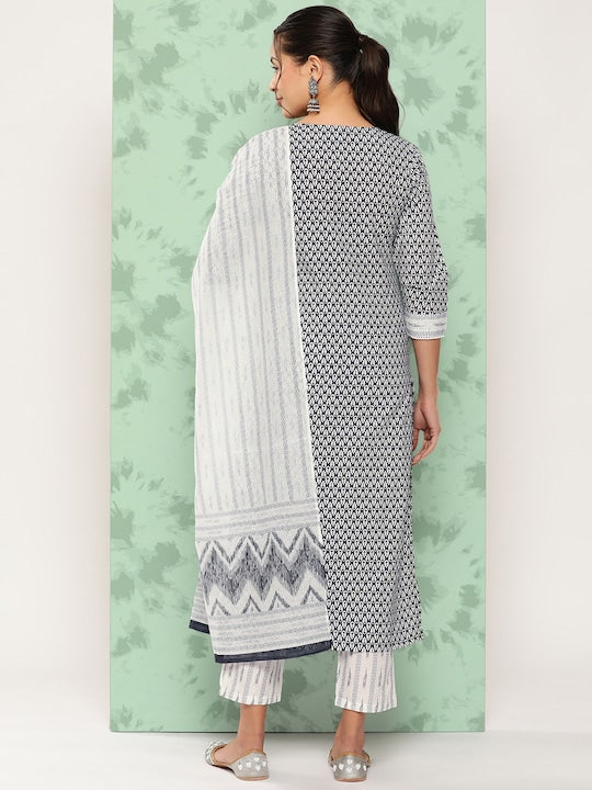 Yufta Ethnic Motifs Printed Pure Cotton Kurta with Trousers & Dupatta