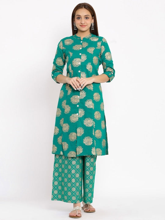 Here&now Green Mandarin Collar Ethnic Motifs Printed A-Line Kurta