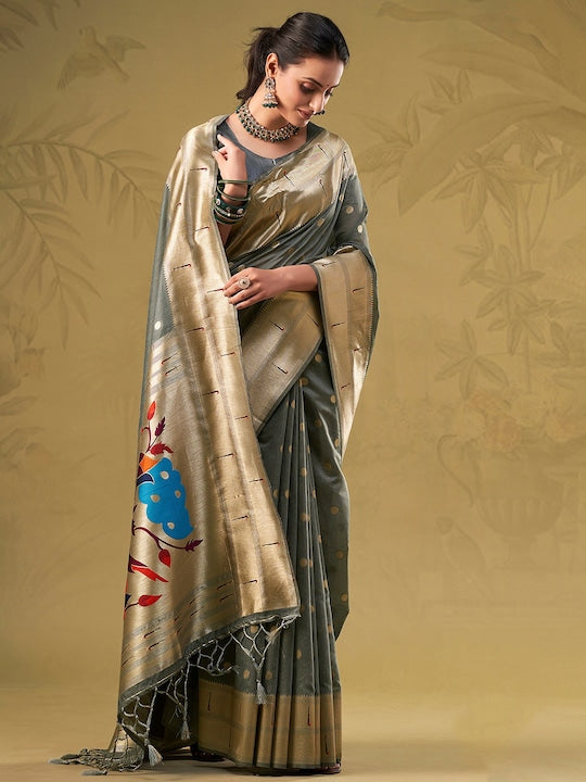 Sangria Grey Ethnic Woven-Designed Festive Saree With Blouse Piece