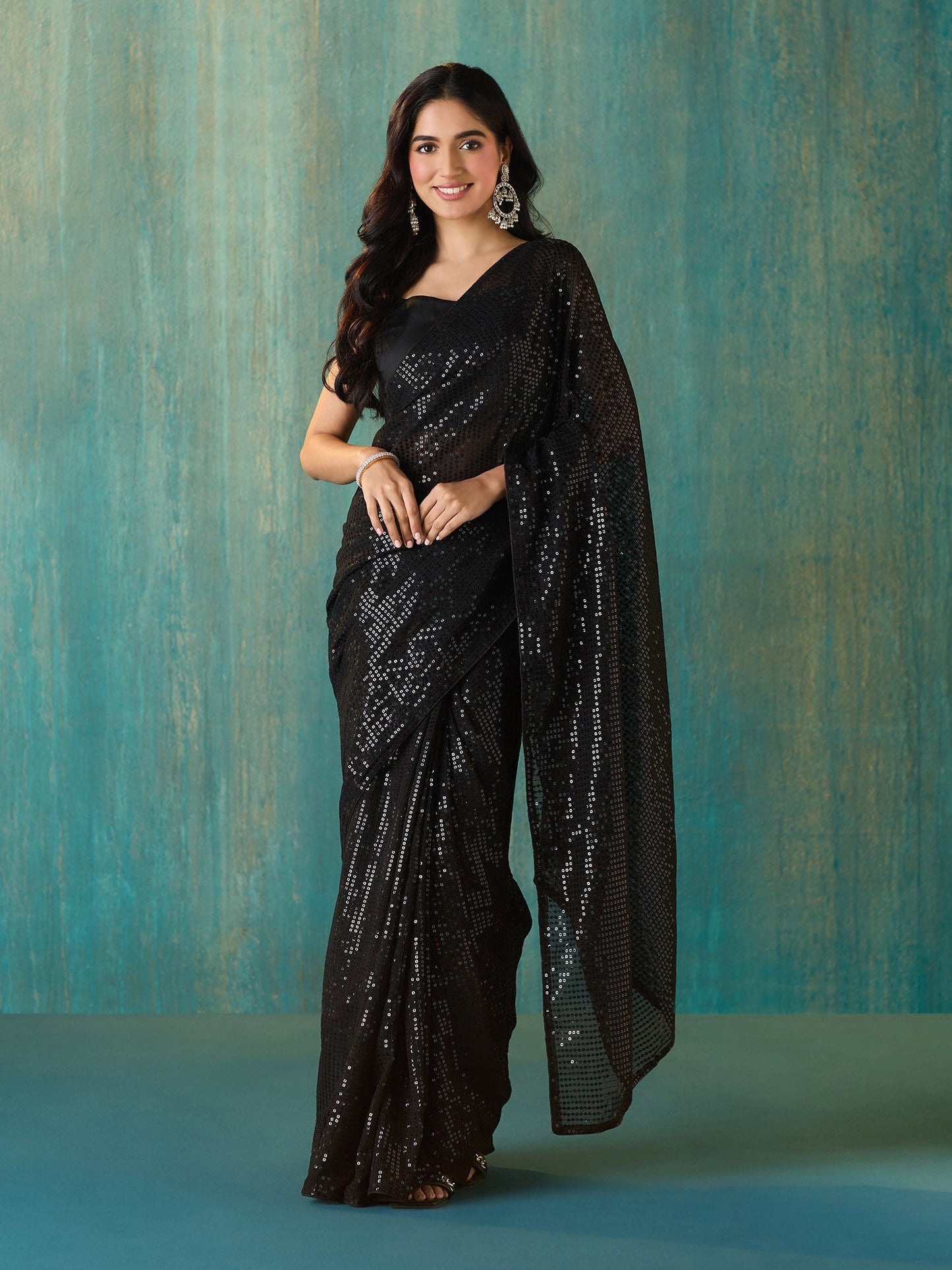 Likha Black Georgette Embellished and Sequined Saree with Unstitched Blouse LIKSAR115 (Free Size)