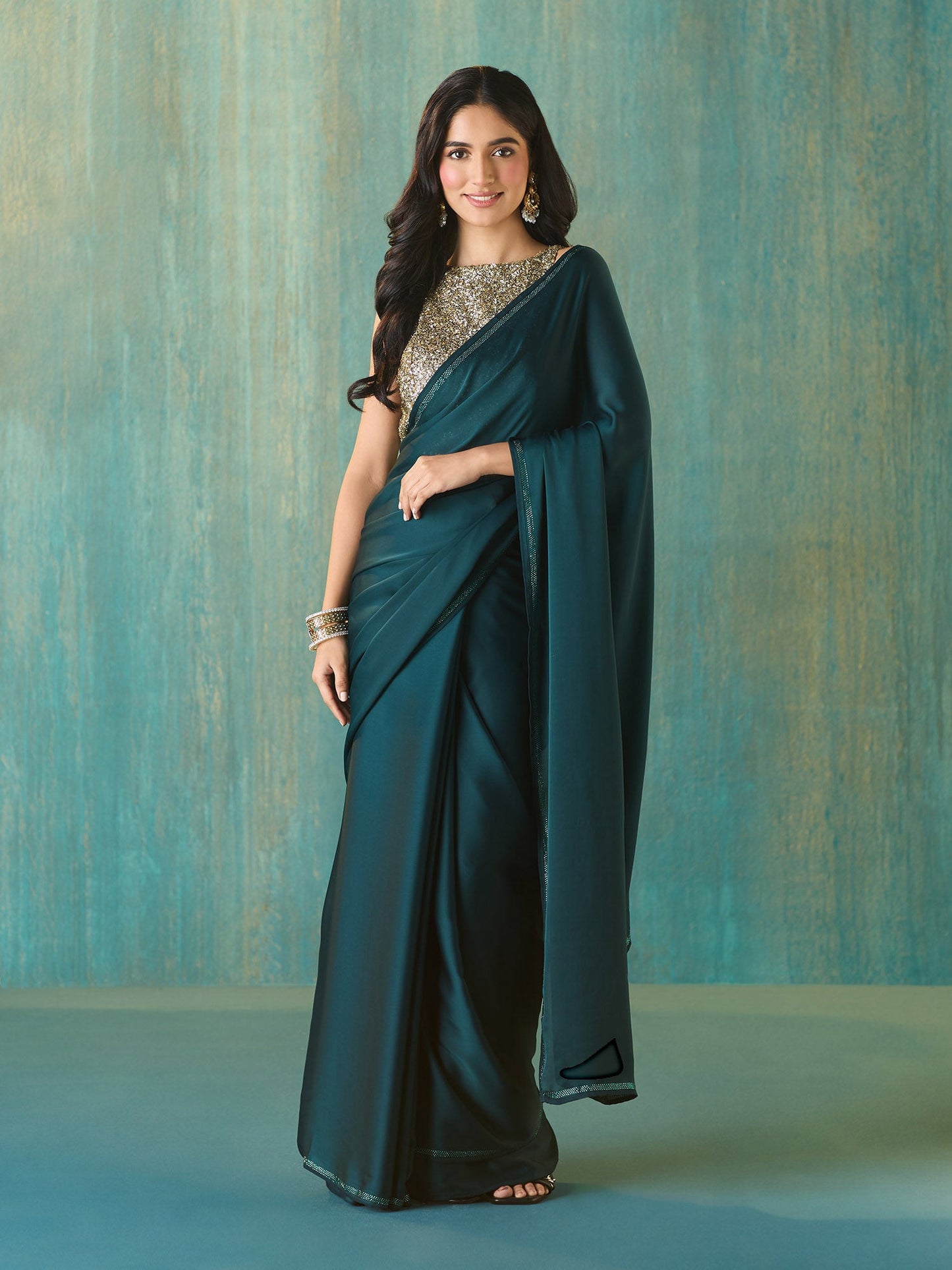 Likha Emerald green Satin Embellished & Sequined Saree with Unstitched Blouse LIKSAR122 (Free Size)