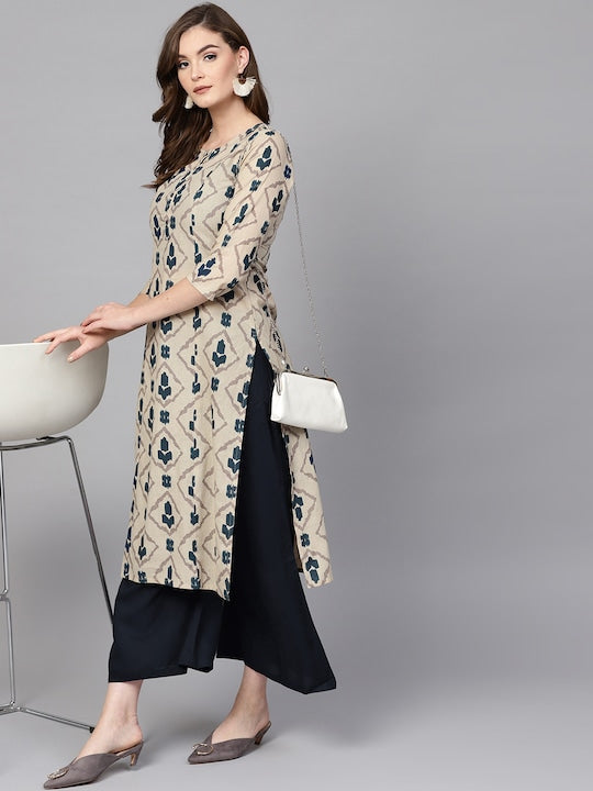 Yufta Women Beige & Blue Printed Kurta with Palazzos