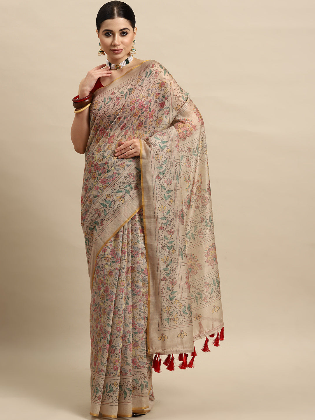 Silk Land Kalamkari Printed Chanderi Saree with Tasselled Border