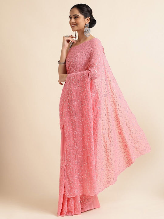 Fabmora Ethnic Motifs Embroidered Sequinned Pure Georgette Saree