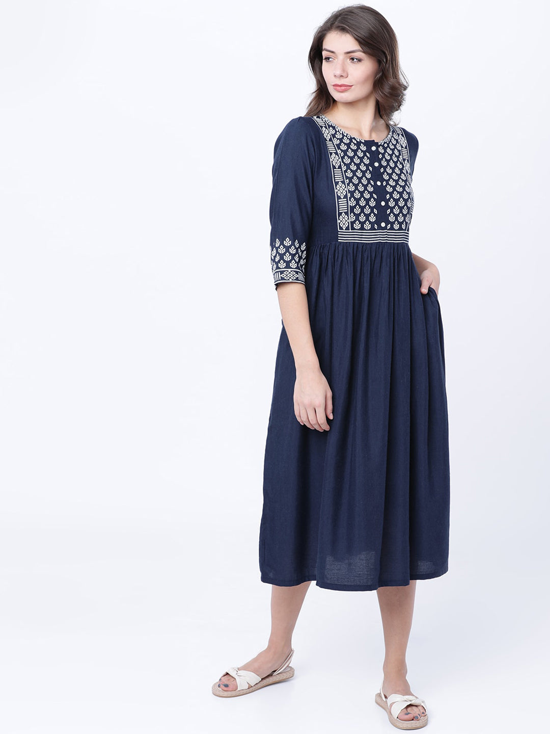 Vishudh Women Navy Blue Printed Fit and Flare Dress