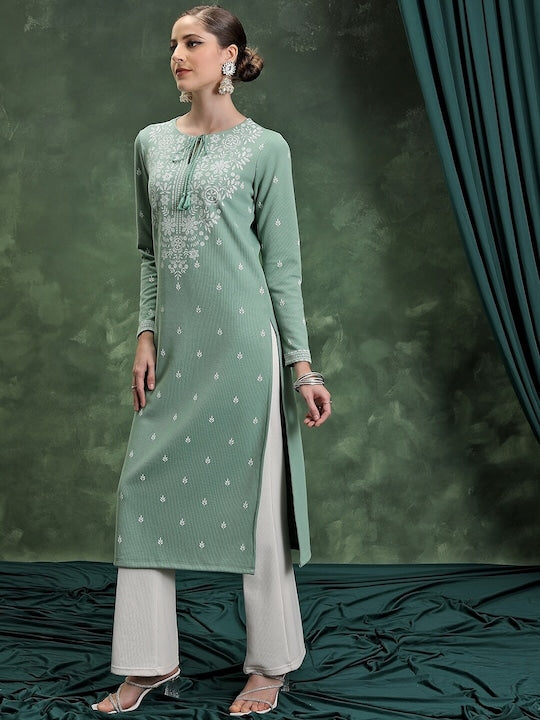 Vishudh Green Floral Woven Design Thread Work Tie-Up Neck Straight Kurta