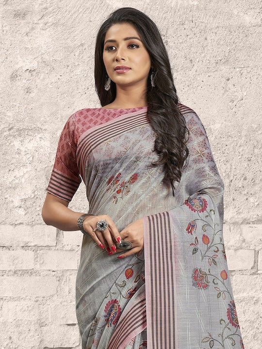 Saree mall Grey & Pink Floral Silk Blend Banarasi Sarees